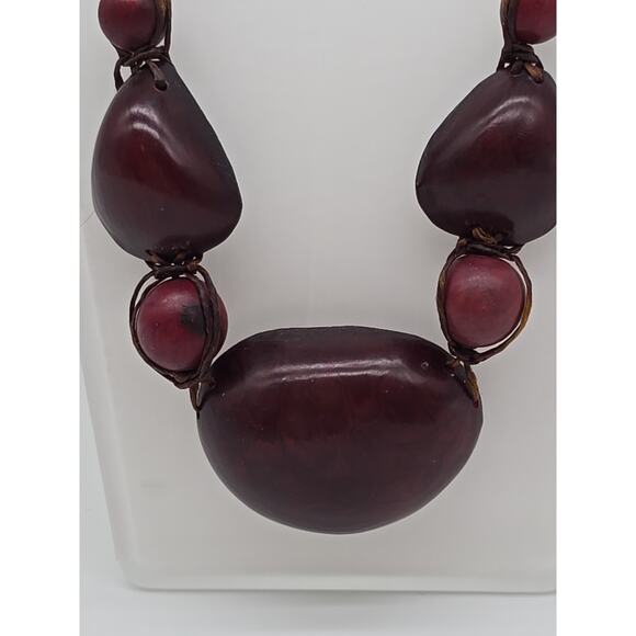 Tribal Plum Purple Artisan Tagua Nut Wrapped Bead Necklace Button Toggle Closure - Picture 2 of 16